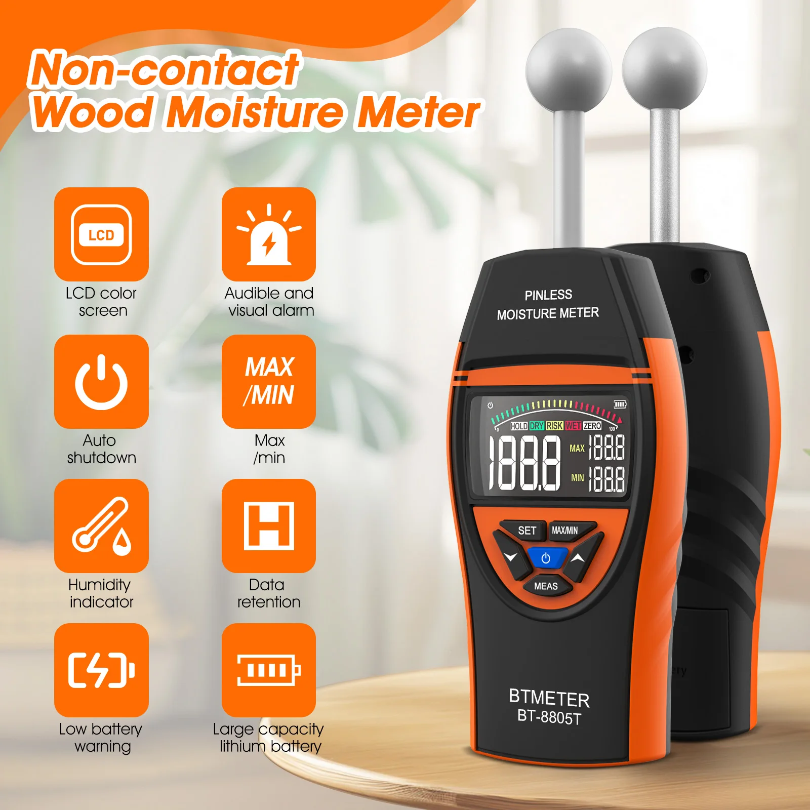 Portable Non-Contact Moisture Meter for Wood Concrete Plaster 20-40mm Depth Auto Calibration Beep Alarm Data Hold LCD Display