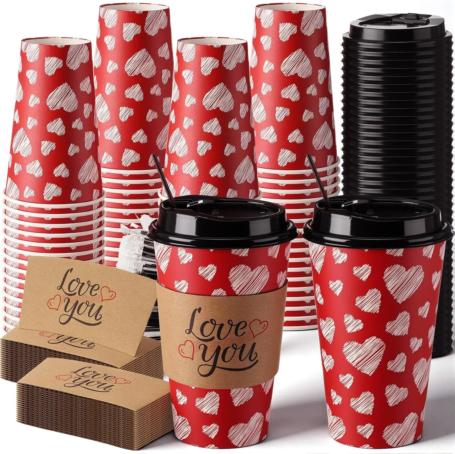 

50 Sets 16 oz Disposable Heart Coffee Paper Cups with Lids and Sleeves, Straws for Valentine's Day Mother's Day Hot Coco