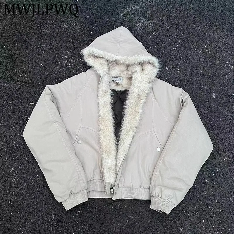 

MWJLPWQ American Hooded Fur Collar Jacket Men's Winter High Street Cleanfit Design Long Sleeve Casual Short Cotton Coat 16513