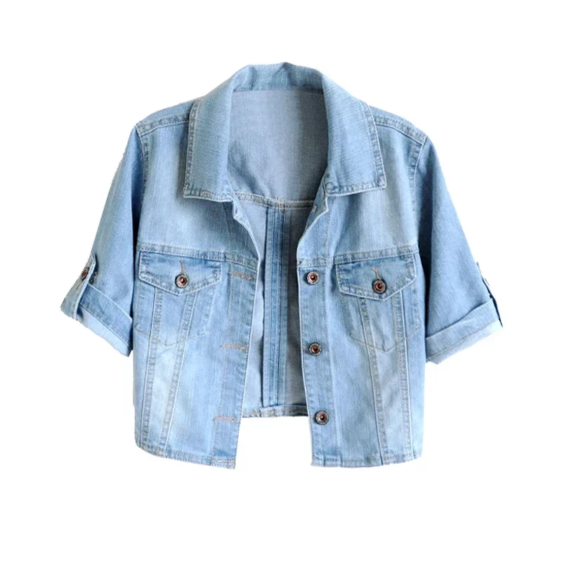 Elastizität Kurzarm Denim Jacke Mantel Frauen Chaquetas Mujer Sommer Dünne Dünne Kurze Outwear Vintage Blue Jeans Jacke Weibliche