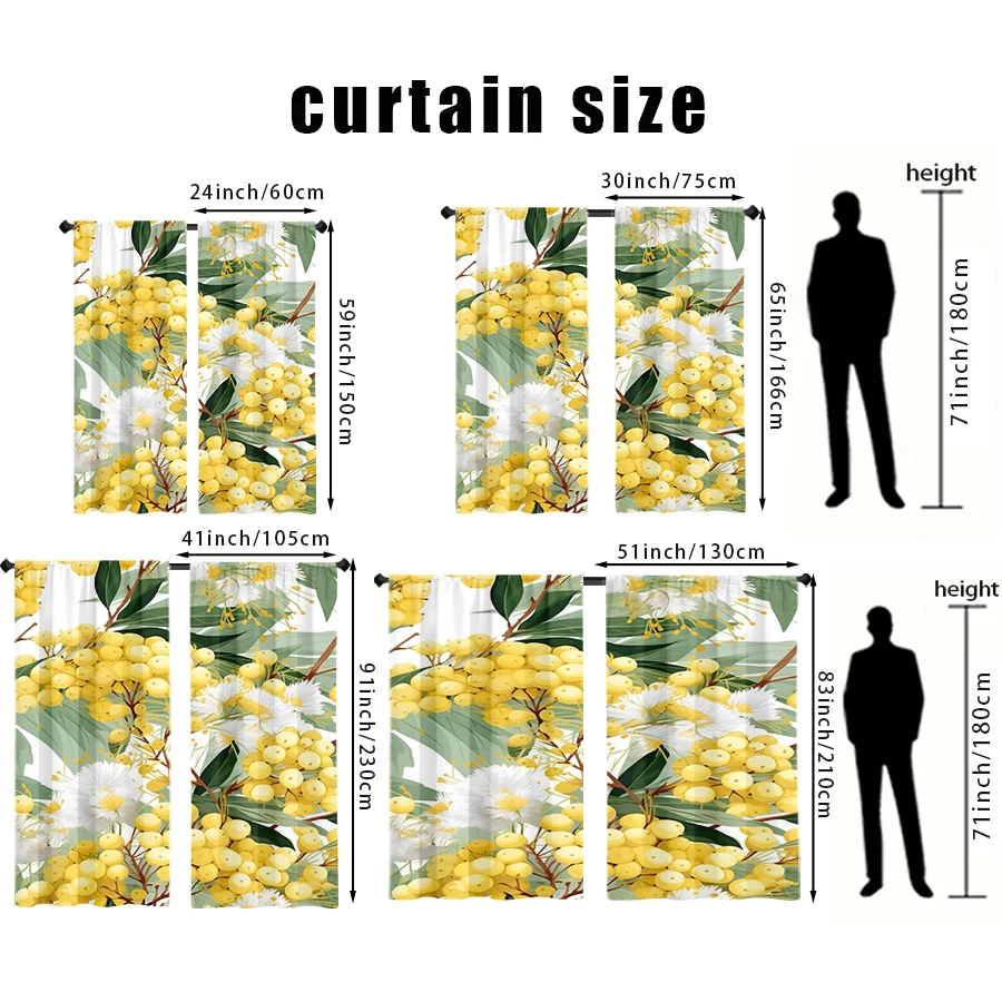 2PCS, Multicolor, Mimosa Flower Botanical Print Curtains, for Bedroom and Living Room, Rod Pocket Style