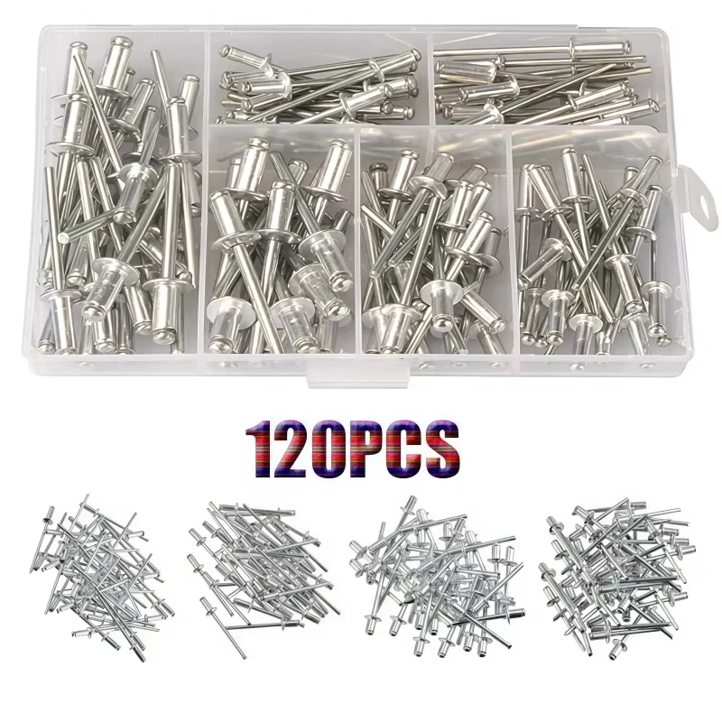 120pcs Aluminum Alloy Blind Rivets Set Pop Rivets Assortment Kit Furniture Assortment Dome Head Blind Rivet Nut Tools M3.2 M4