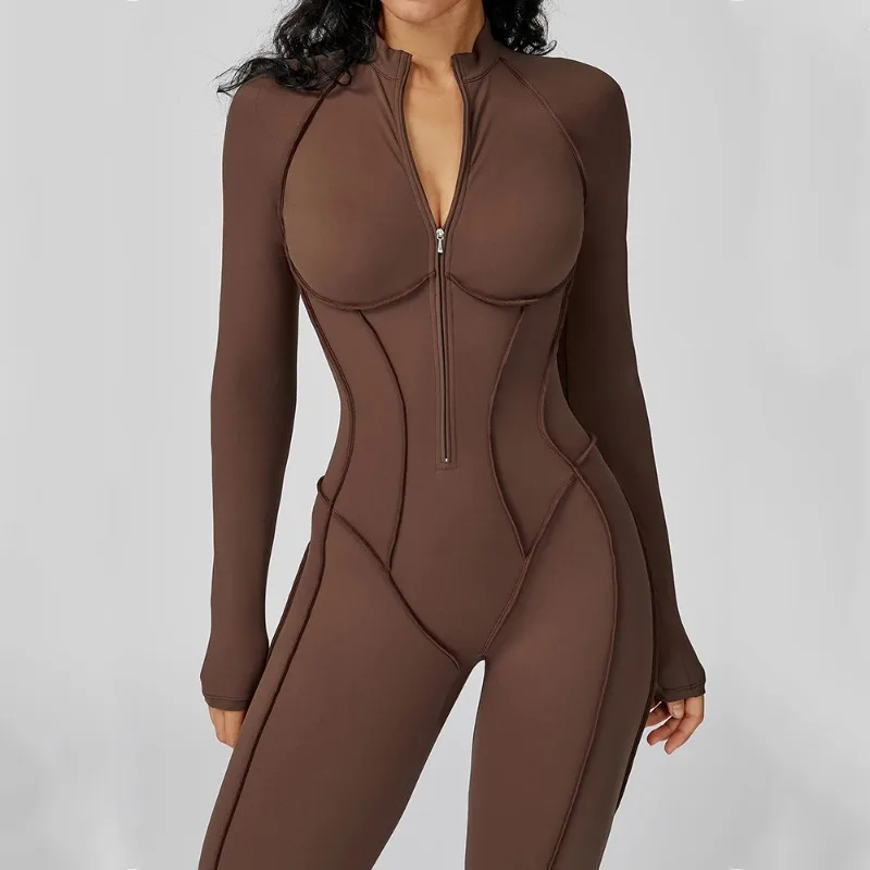 

Yoga Bodysuit Long Sleeved Women's Tracksuits Gym Zipper Jumpsuits Sports Workout High-intensity Fitness One-piece Tights Suit