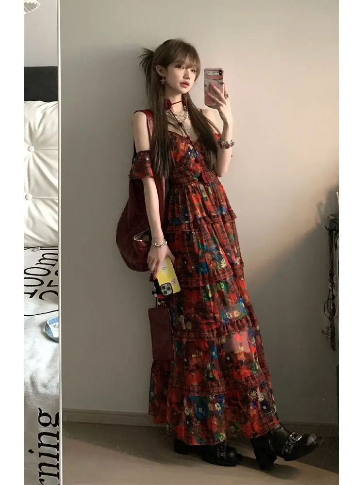 Summer Dress for Women New High-end French Retro Style Advanced Designed Niche Temperature V-neck Suspender Floral Dress