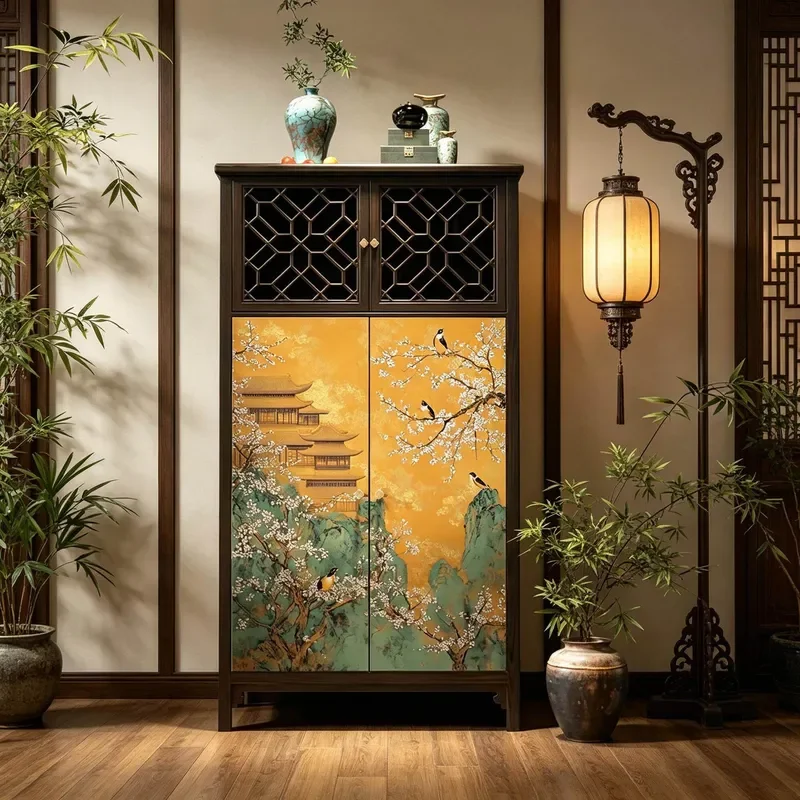 New Chinese Solid Wood Tall Cabinet Song Style Floral Bird Motif Entryway Living Room Storage Sideboard Home Decor Furniture