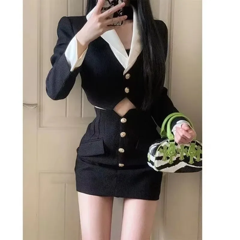 UNXX Spring Autumn New Skirt Suits Women High-end Lady Short Contrast Blazer Coats + High Waisted Slim Fit Pencil Two Piece Set