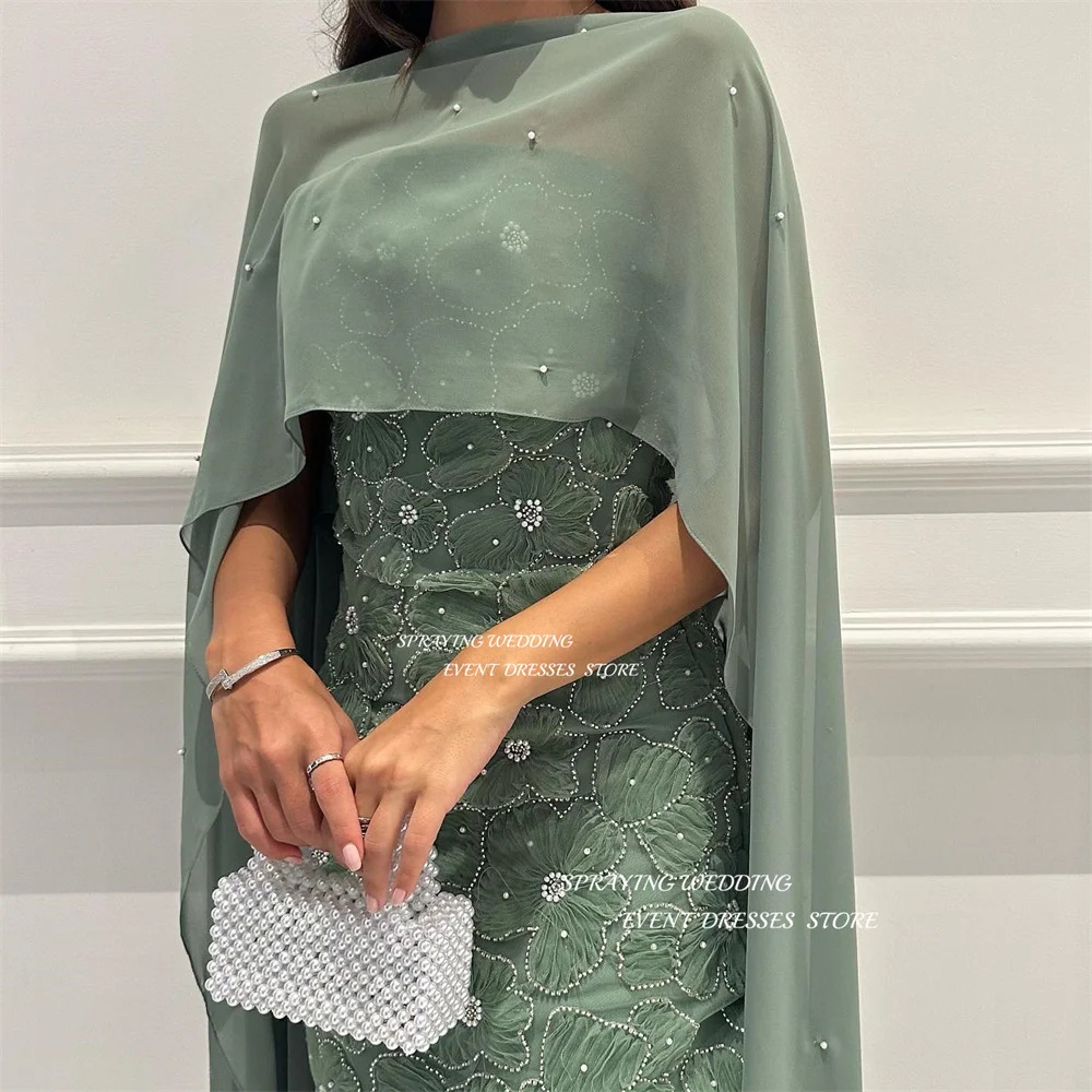 Éventuelles RAYING-Robe de Soirée Sirène Verte en Dentelle, Tenue Élégante Personnalisée, Arabie Saoudite, Sans Bretelles, avec Châle, sur Mesure