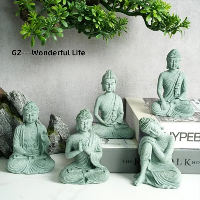 부처님 조각상 어항 장식 미니 불교 입상, 토퍼 테이블 탈출 장식, 홈 젠 조각상 녹색 사암, 태국, 신제품