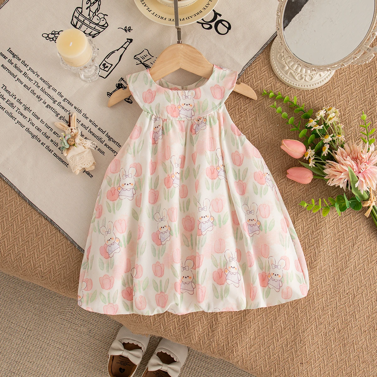 Baby Girl Dress Summer Full Print Tulip And Cartoon Rabbit Pattern Round Neck Baby Dresses Cute Casual Girl Clothing