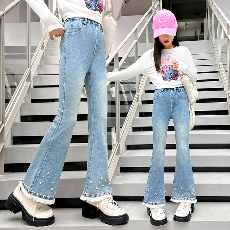 Elegant Spring Autumn Girl Boot Cut Jeans with Pearls For Children Slim Fit Kids Retro Flared Denim Pants with Raw Hem 5 To 14 Y