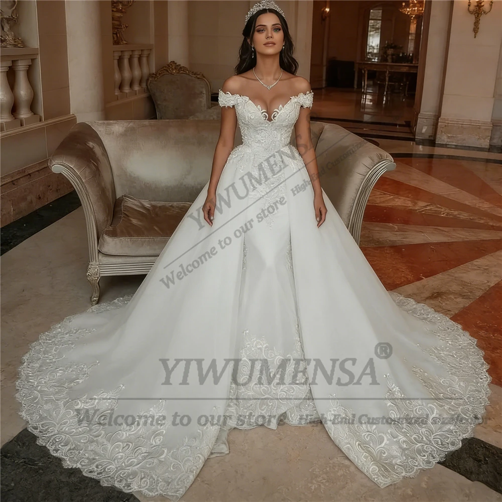 

Elegant Lace Appliques Mermaid Wedding Dresses For Bride V Neck Off Shoulder Bridal Gown With Detachable Train Robe De Mariee