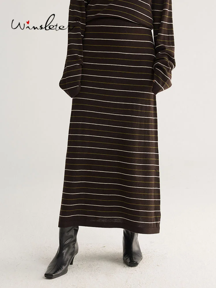 Winsleter-Wool Blended Elegant Knit Skirts, Elastic Waist Striped, Women French Versatile Straight Skirts, 2026 Autumn B68714CC