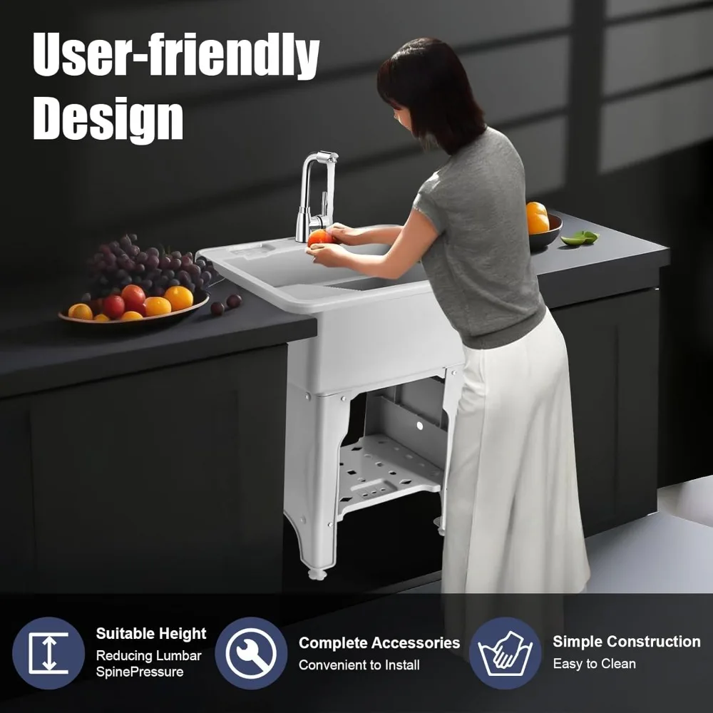 프리스탠딩 플라스틱 세탁 싱크대 25.6 (세탁판, 온수/냉수 수도꼭지, 호스, 배수 키트 포함) - 실내/실외용