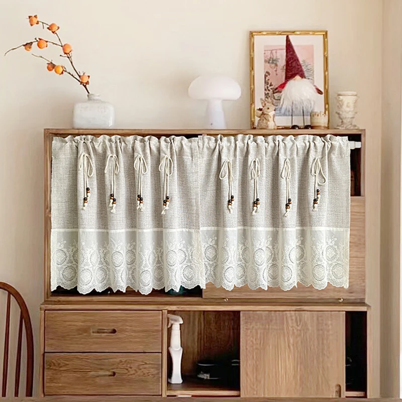 Bohemian Imitation Hemp Splicing Flower Embroidery Short Cloth Curtain Wooden Beads Tassel Cafe Curtain For Kitchen Living Room