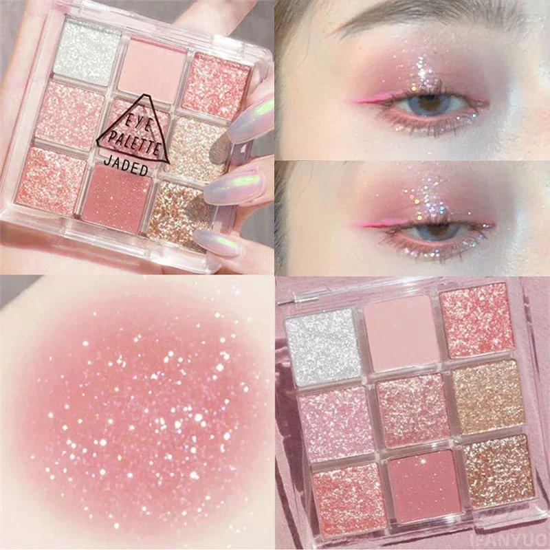 Paleta de sombra de ojos con purpurina de 9 colores, paleta de sombra de ojos nacarada rosa, paleta de maquillaje de ojos encantadora coreana, pigmentos de sombra de ojos brillantes
