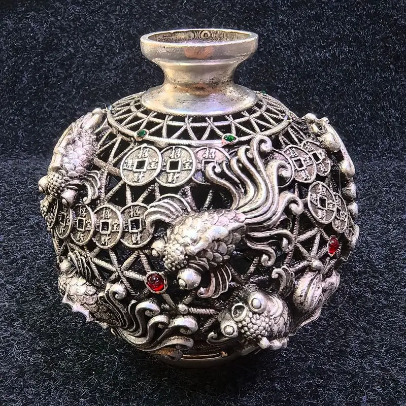 Alloy silver-plated goldfish money jar with hollow-carved design living room decoration