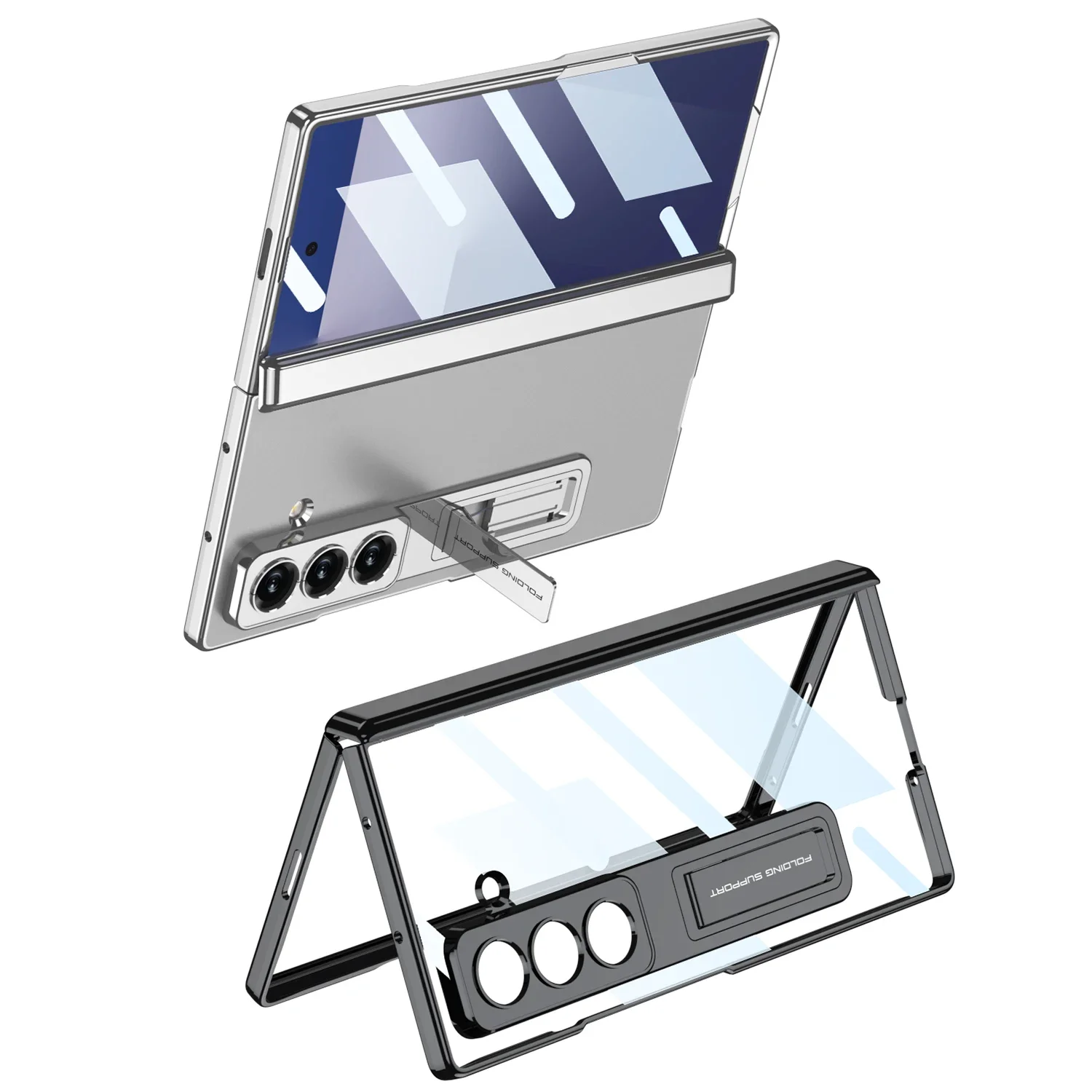 

Plating Transparent Stand Hard Phone Case for Samsung Galaxy Z Fold 7 with Screen Protector Film Shockproof Back Cover Fold 7