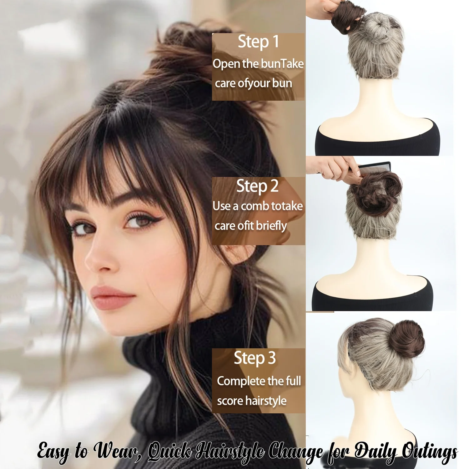 Easy Wear Synthetic Updo Wig Hair Elegant Straight Chignon Bun Hair With Rubber Band Heat Resistant Fiber Ponytail Hairpieces