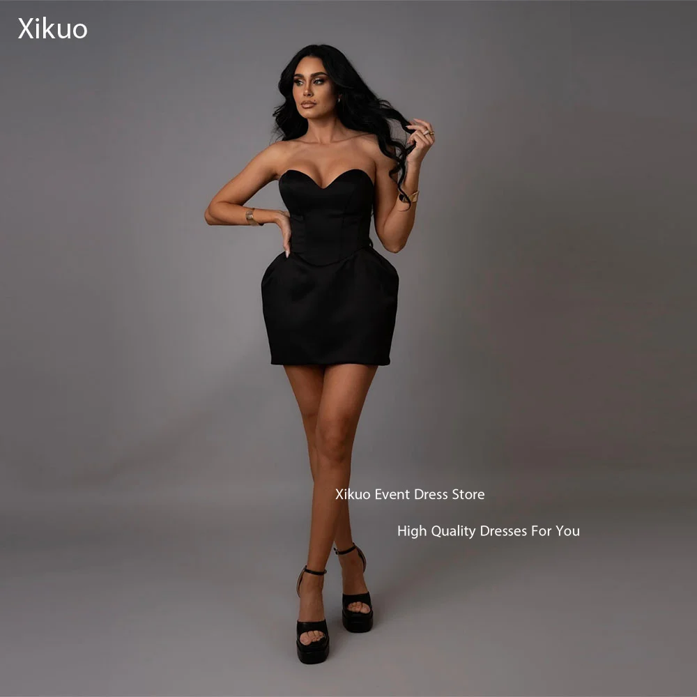 

Xikuo Satin Black Prom Dresses Sweetheart Sleeveless Mini Formal Party Dress Sexy Photo Shoot Cocktail Dresses Customized