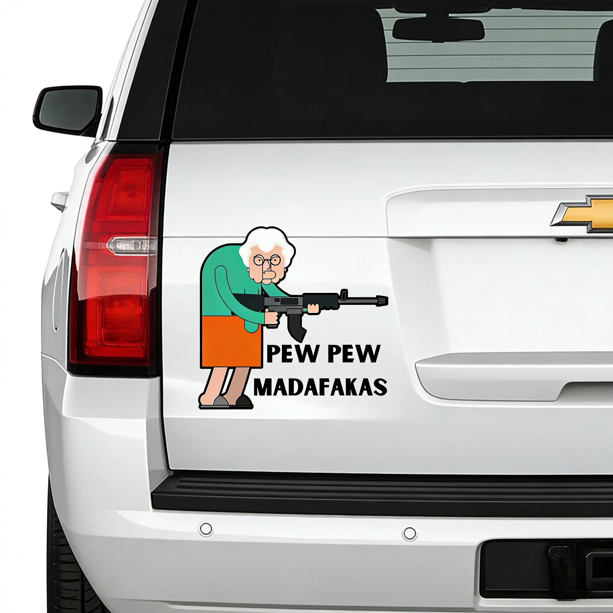 

American Style Pew Pew Grandma Funny Car Decal, Waterproof Vinyl, Universal Decor Stickers for Car, Motorcycle & Laptop