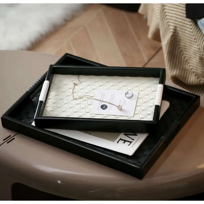 Faux Rattan Woven Tray Black Frame Double Handle Rectangular Storage Organizer Decorative Tray for Living Room Coffee Table Home