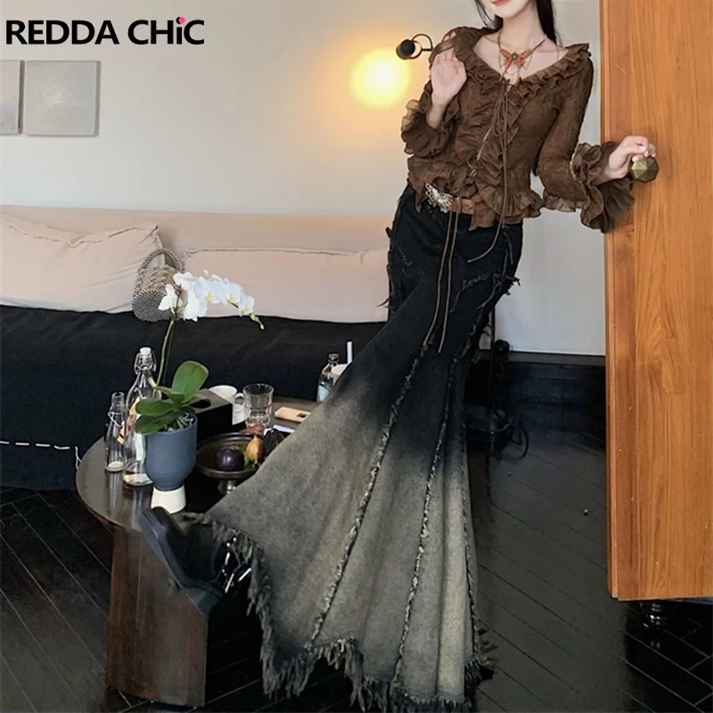 REDDACHiC Stitch Tassels Denim Maxi Skirt Women Y2k Tall Girl High Waist Distressed Gradient Cowgirl Bodycon Fishtail Long Skirt