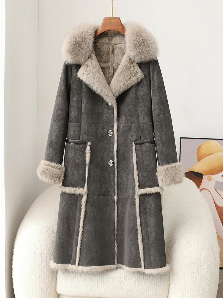 

2024 Winter Rabbit Fur Integrated Women's Coat Long Haining Genuine Leather Fur Fur Collar Slim Fit Coat