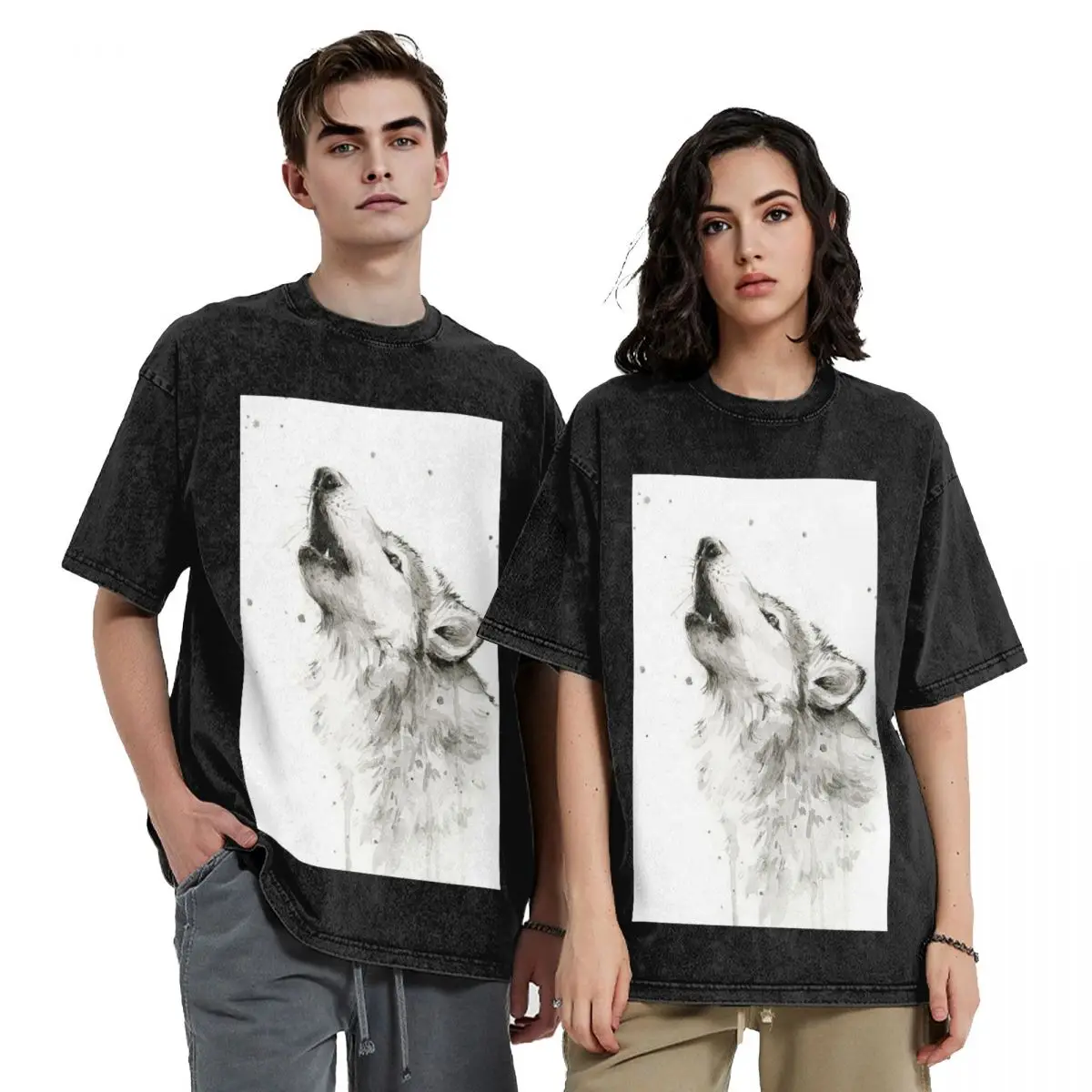

Wolf Howling Watercolor Hip Hop Short Sleeve T-Shirts Washed Tops Tees Streetwear T Shirt Printed for Men Women