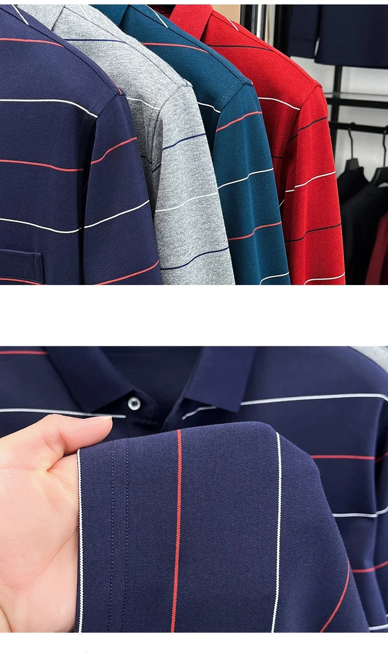 Hochwertiges gestreiftes Langarm-Poloshirt für Herren, neues Komfort-Taschendesign, Frühling/Herbst, luxuriöses Business-Casual-T-Shirt. – Detail 21