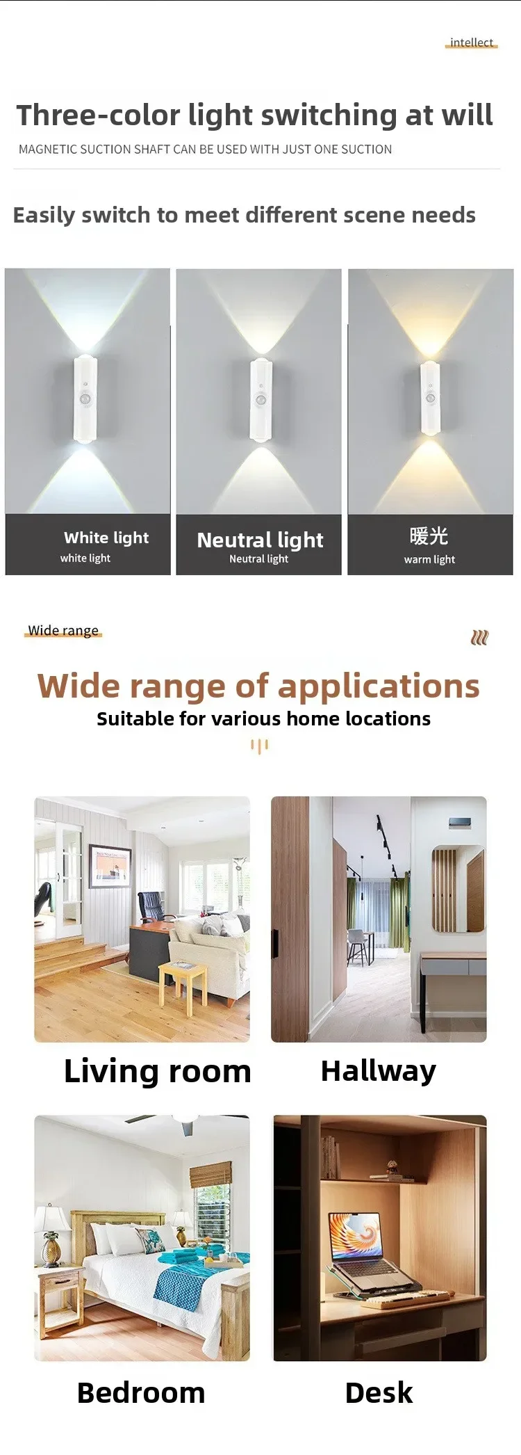 Motion Sensor Night Light 7-Color LED Toilet Night Light Bedroom Living Room Corridor Double-Headed Wireless Wall Lamp Magnetic