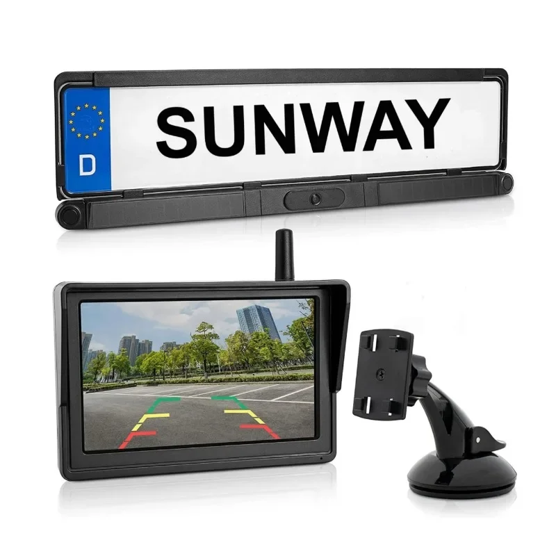 Car Reversing Aid 5inch Solar Digital Wireless Car European License Frame Rear View Camera With Ultrasonic Parking Sensors