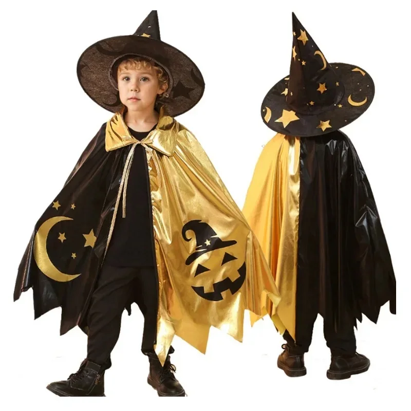 Halloween Boys Girls Wizard Cape with Hat In Christmas Party Costumes for Kids Cosplay Cloak Fancy Dress Up