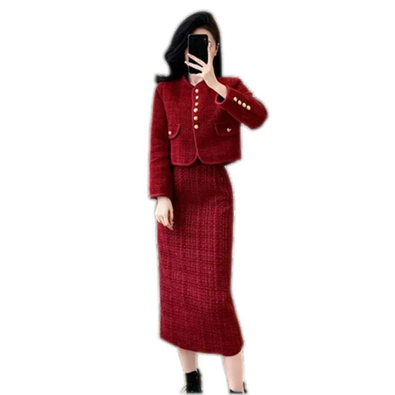 2024 New Autumn Winter Women Elegant Red Tweed Skirt Suits High Quality Fashion Short Jacket And Long Skirt Two Piece Set