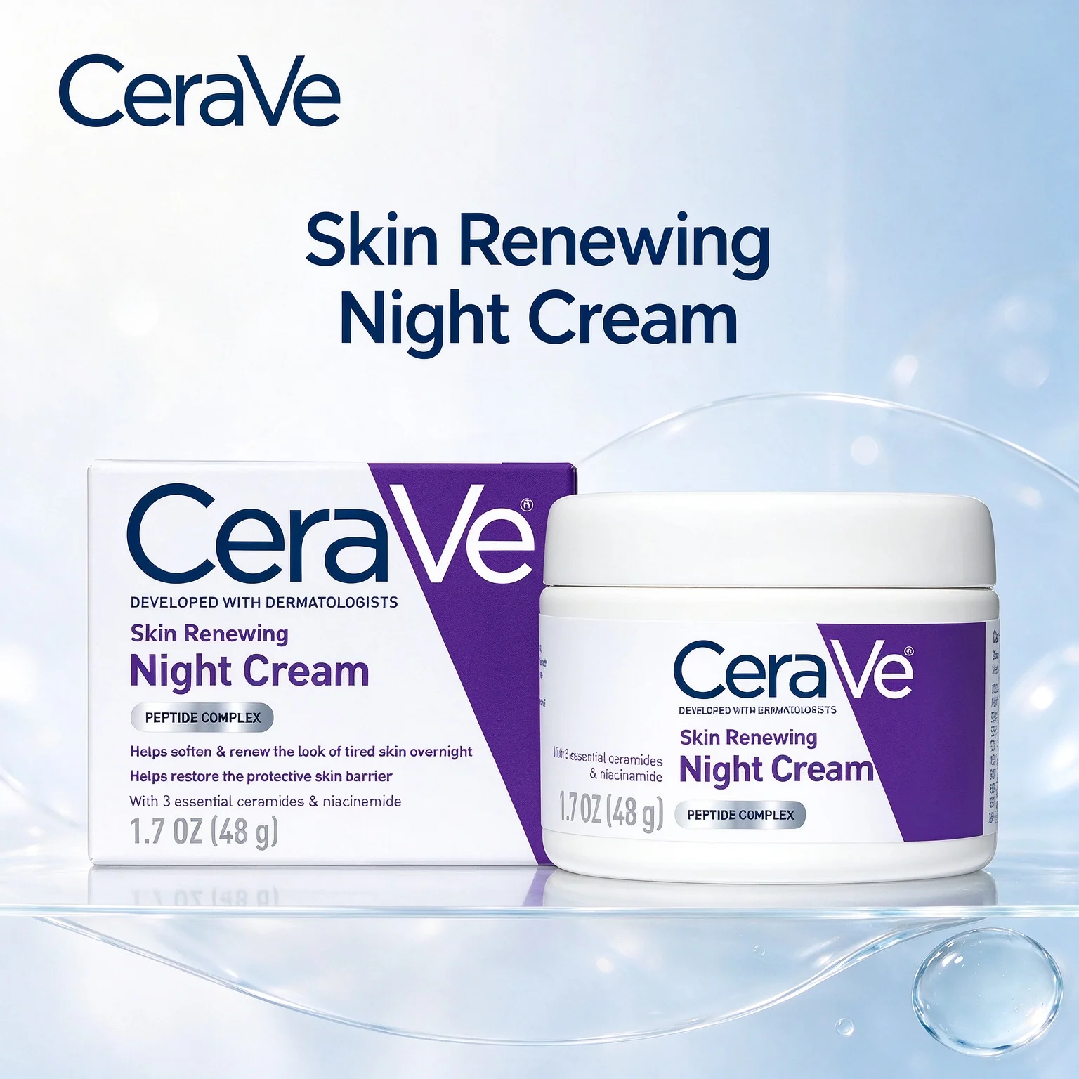 CeraVe Skin Renewing Night Cream 1.7 OZ /48g Overnight Facial Moisturizer For Dry Skin Boost Skin Renewal & Soften Texture