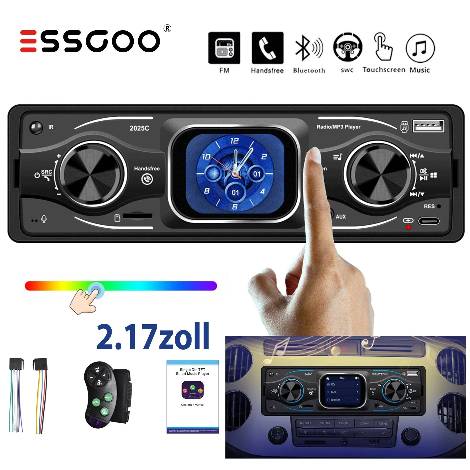 2,2 "solo 1 DIN Radio estéreo para coche reproductor de vídeo Multimedia MP3 Bluetooth6.0 AUX-IN USB AM FM receptor de Audio pantalla táctil en el tablero