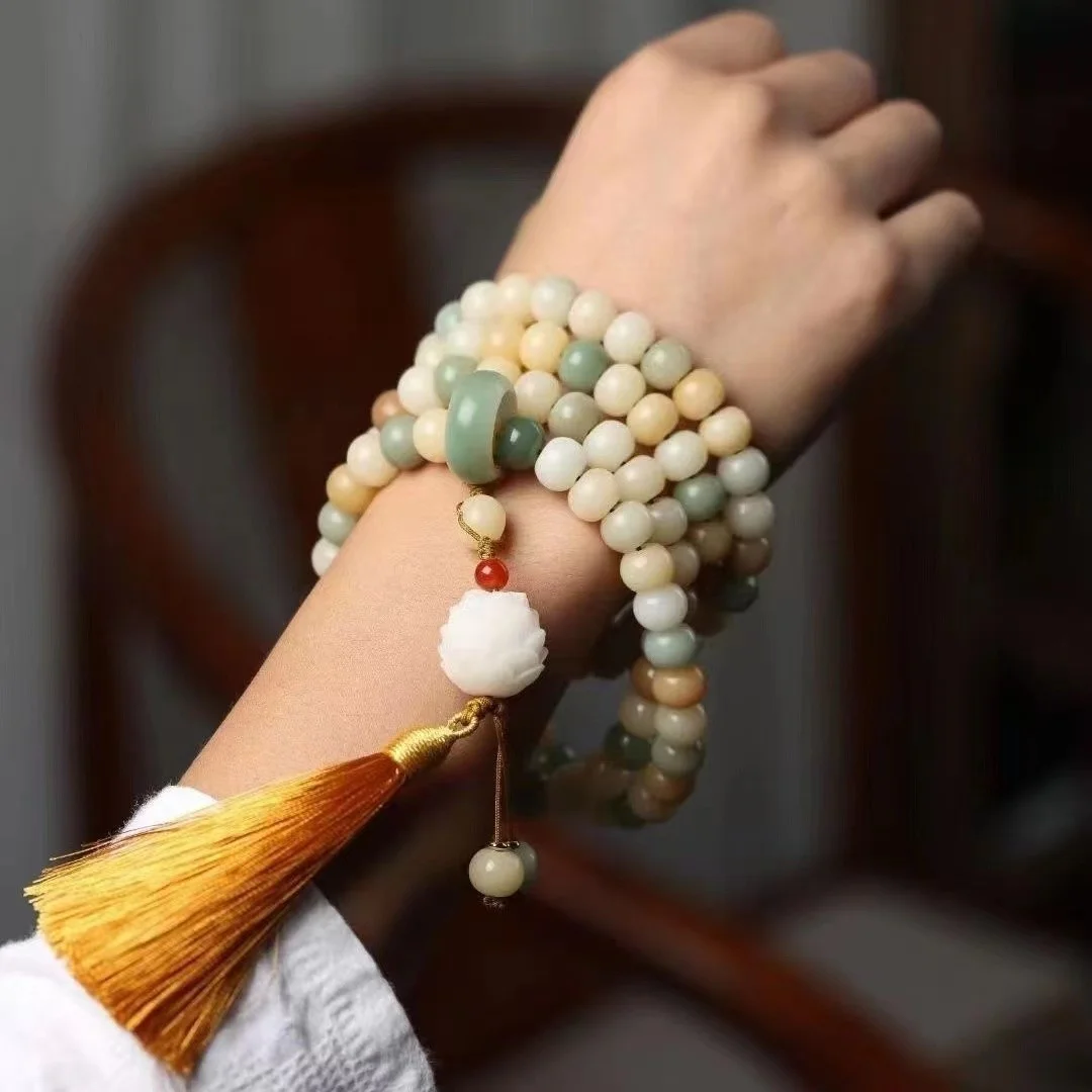 

Natural White Jade Bodhi Root Rosary Bracelet Gradient Weathered Chicken Yellow Handheld Tassel Bodhi Buddha Bead