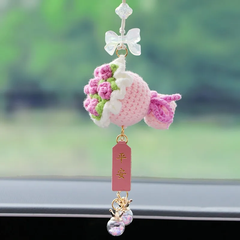 

Mini Handheld Knitted Flower Bouquet Car Hanging Ornament DIY Creative Crochet Woolen Flower Women Gift Car Accessories Interior