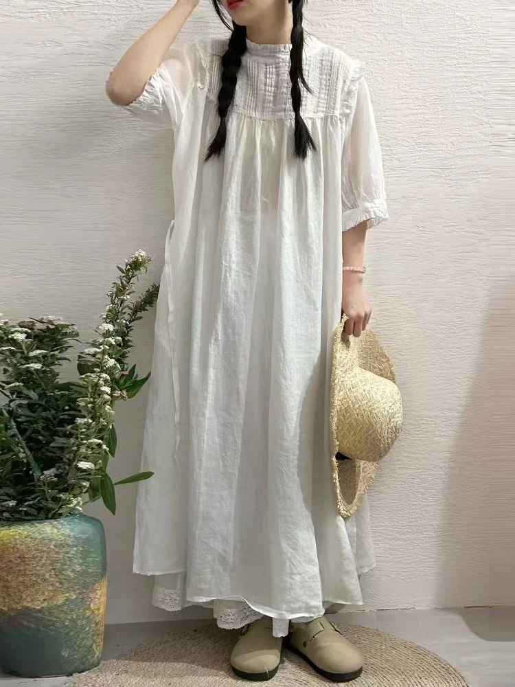 

Летнее японское платье из льна с плиссировкой, кружевными вставками, длинное, свободного кроя, с регулируемой талией, многофункциональное, на пуговицах