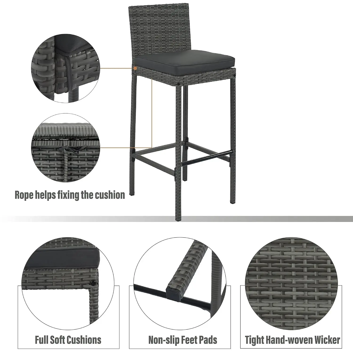 5-Piece Outdoor Patio Dining Set, PE Rattan Bar Set with 4 Bar Height Chairs, Non-Slip Feet & Wood Top, Customized
