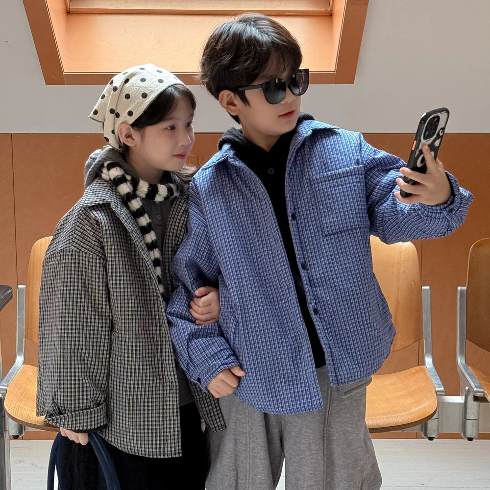 

Korean Winter Children Girl Outerwear Coat Cotton Padded Plaid Warm Toddler Kid Boy Parka Loose Turn Down Collar Baby Boy Jacket