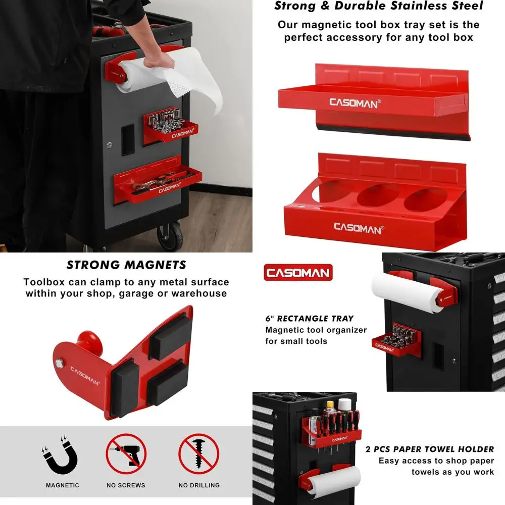 

Красный магнитный набор инструментов из 4 предметов: стеллажи, поднос, держатель для полотенец для универсального использования на металлических поверхностях