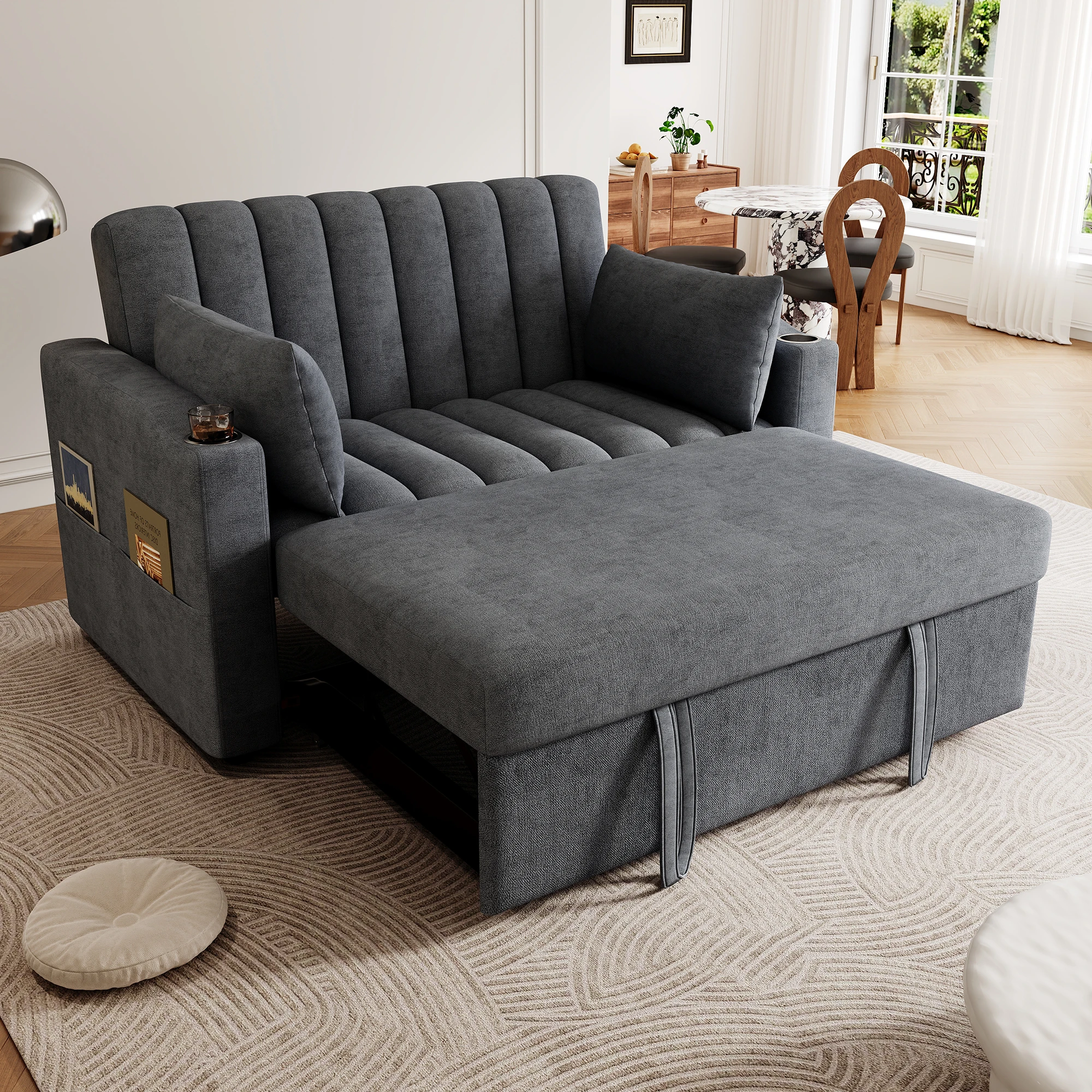 Sofá Cama Convertible de 2 Plazas con Respaldo Ajustable, Portavasos y Cojines de Lino y Algodón Gris 136 × 162 × 84 cm