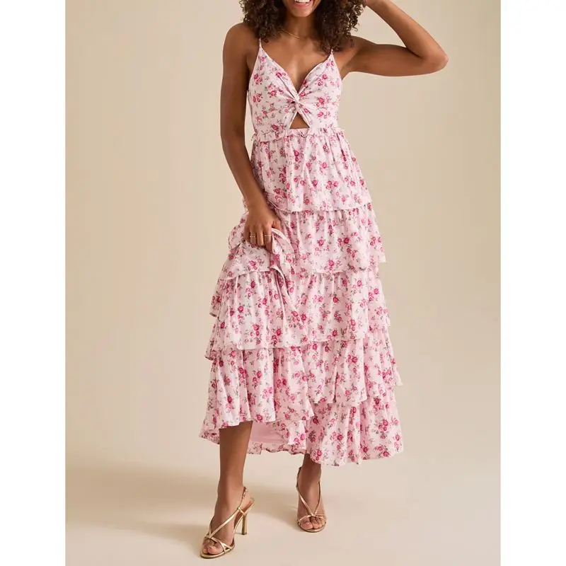 Combhasaki ผู้หญิงสปาเก็ตตี้สายรัด Twist V คอ Multi-Layered Ruffles กลับ Tie ผ้าพันคอดอกไม้สาย Cami ชุดยาว