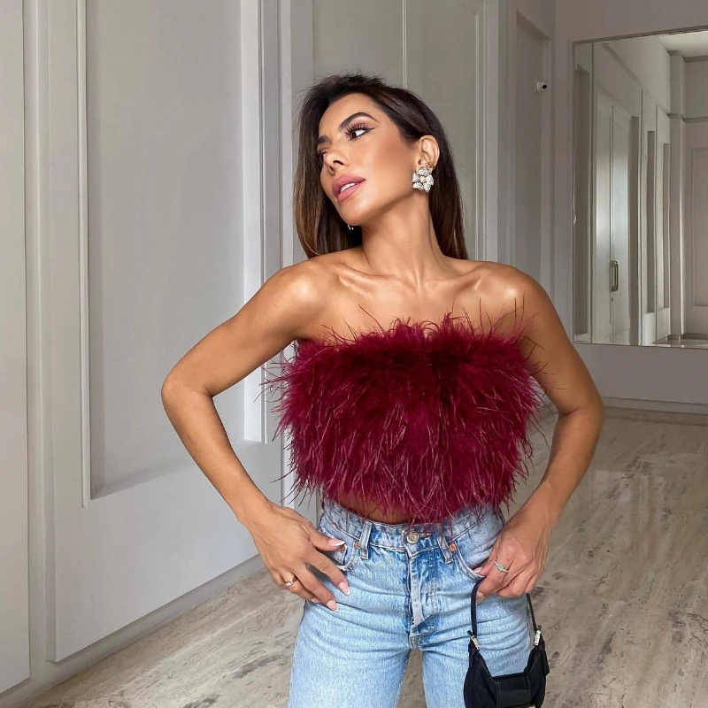 Faux Fur Plush Tube Shape Women Short Top Crop Sleeveless Sexy Tops Fashion Fluffy Strapless Zipper Tank Top Night Party Wearing