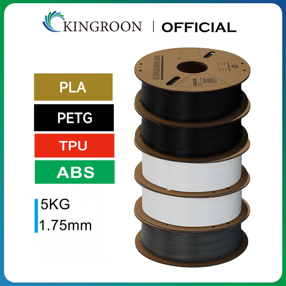 

KINGROON 3D Printer Filament PLA PETG TPU ABS 5KG Bundle Black White Gray 1.75mm No bubbles Plastic 5x1kg/Roll , Random Spool