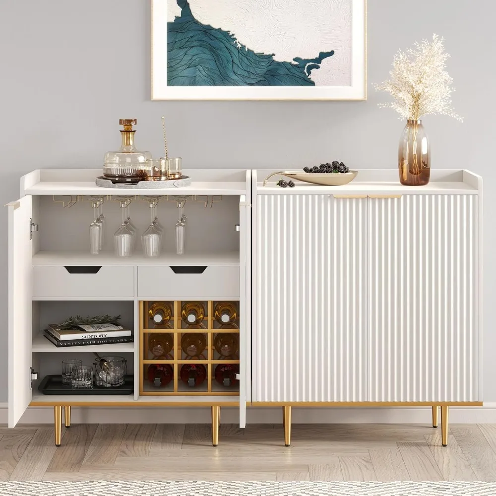 Coffee Bar Cabinet with Drawers & Shelf, Fluted 2 Door Buffet Sideboards, Freestanding Liquor Cabinet with Wine Rack & Glass Hol