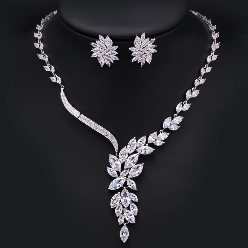 ThreeGraces Luxury Marquise Cubic Zirconia White Gold Color Big Leaf Bridal Wedding Evening Party Jewelry Set for Women JS217