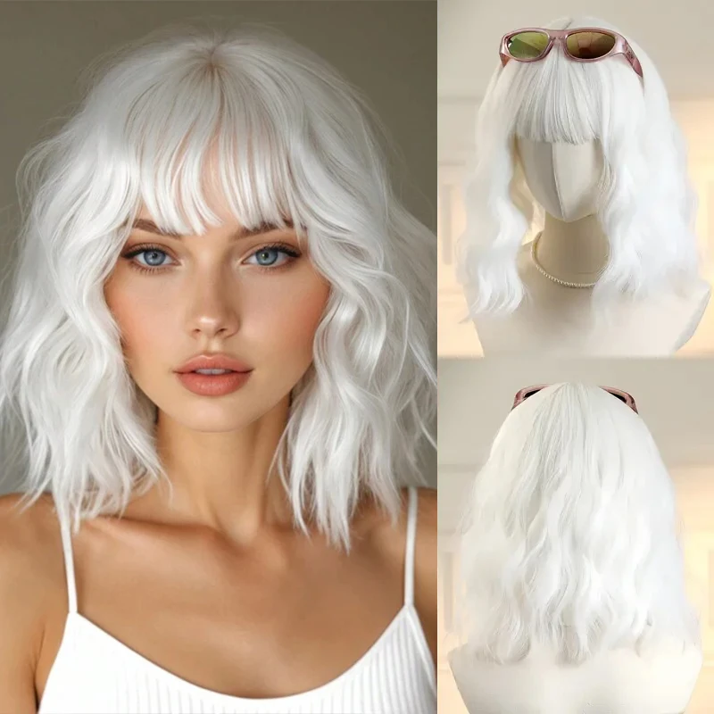 White Cosplay Synthetic Wigs With Bangs Short Wavy Bob Hair Lolita Wigs for Women Girls Heat Resistant Daily Party Fake Hair