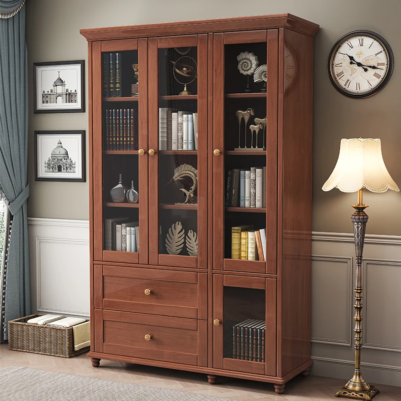 

American modern solid wood bookcase with two three-door wall-mounted floor-to-ceiling home study lockers