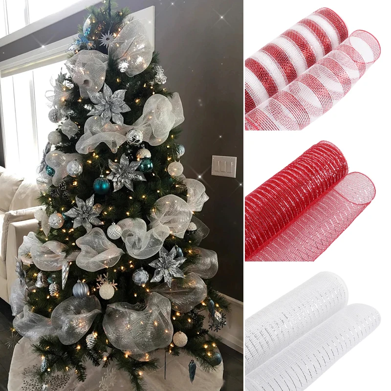 10Yard Christmas Ribbon DIY Red White Xmas Tree Glitter Mesh Tulle Roll Fabric Christmas Gift Packing 2023 Navidad Decorations